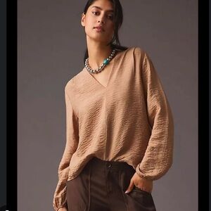 Anthropologie - Self Contrast Crinkle Blouse in Beige
